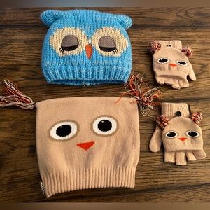 New Without Tags Unisex Kids Owl Hats/Mittens Size 3-5